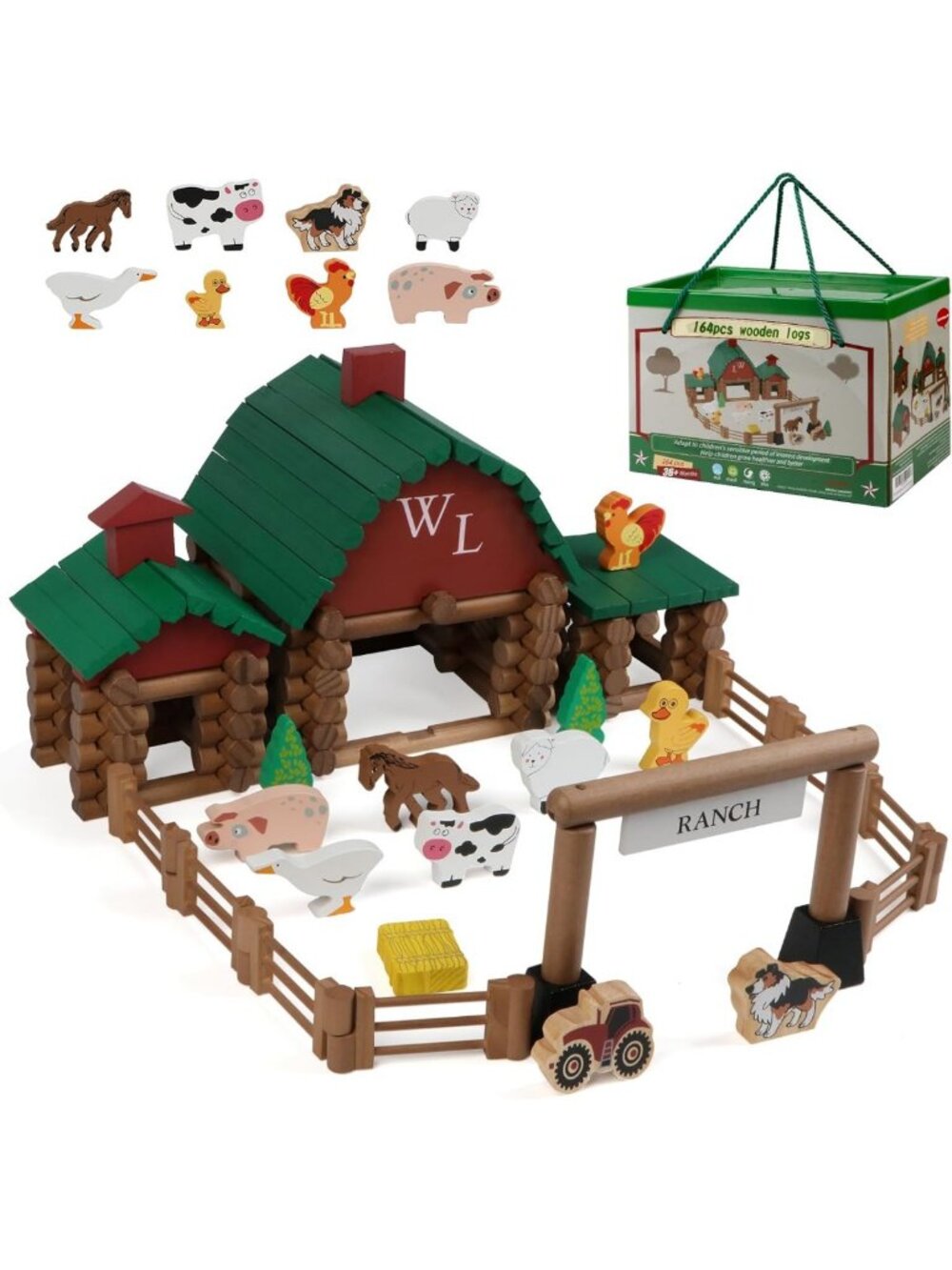 164 Pcs Wooden Log Building Set - Classic Real Wood Construction Toy for Ages 3
